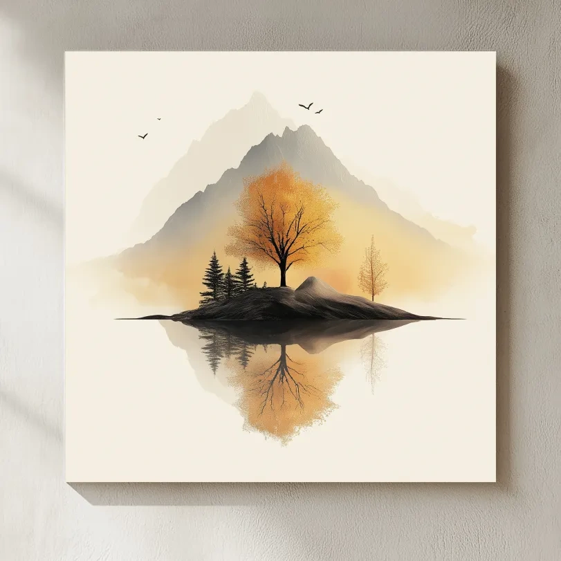 Minimalist Misty Mountain Lake Illustration - Serene Autumn Tree Landscape Wall Art