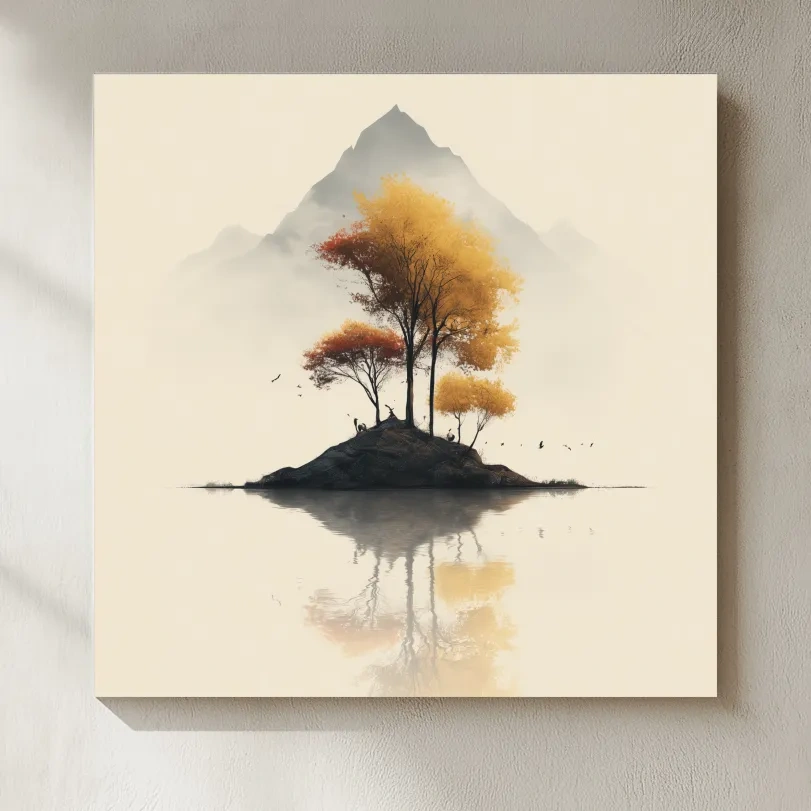 Minimalist Autumn Trees On Misty Lake Island - Serene Mountain Landscape Wall Art