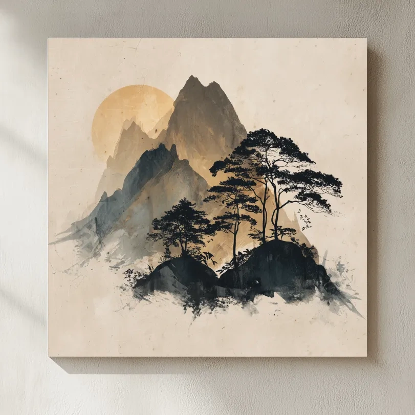 Zen Ink Wash Mountain Sunrise - Minimalist Japanese Pine Landscape Wall Art