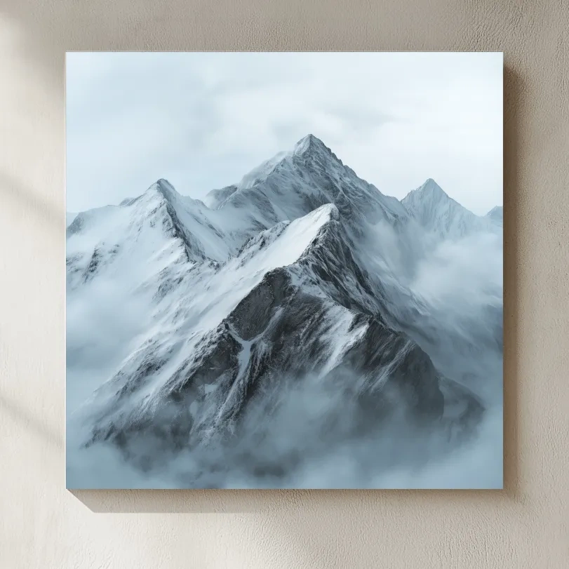 Misty Snowcapped Alpine Peak Landscape - Monochrome Photographic Mountain Wall Art