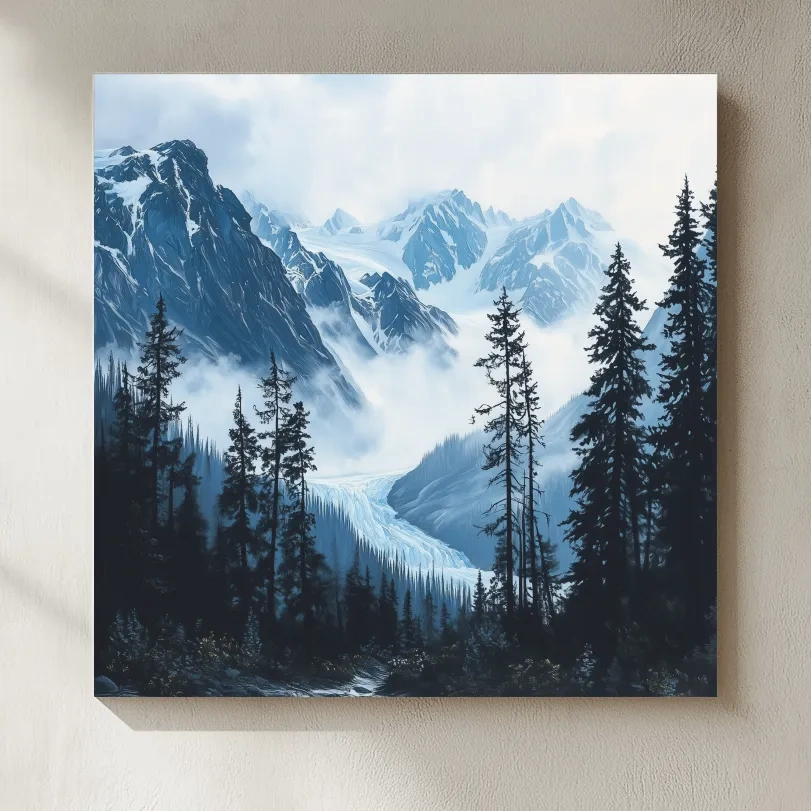 Misty Alpine Glacier Valley Landscape - Moody Mountain Forest Wall Art