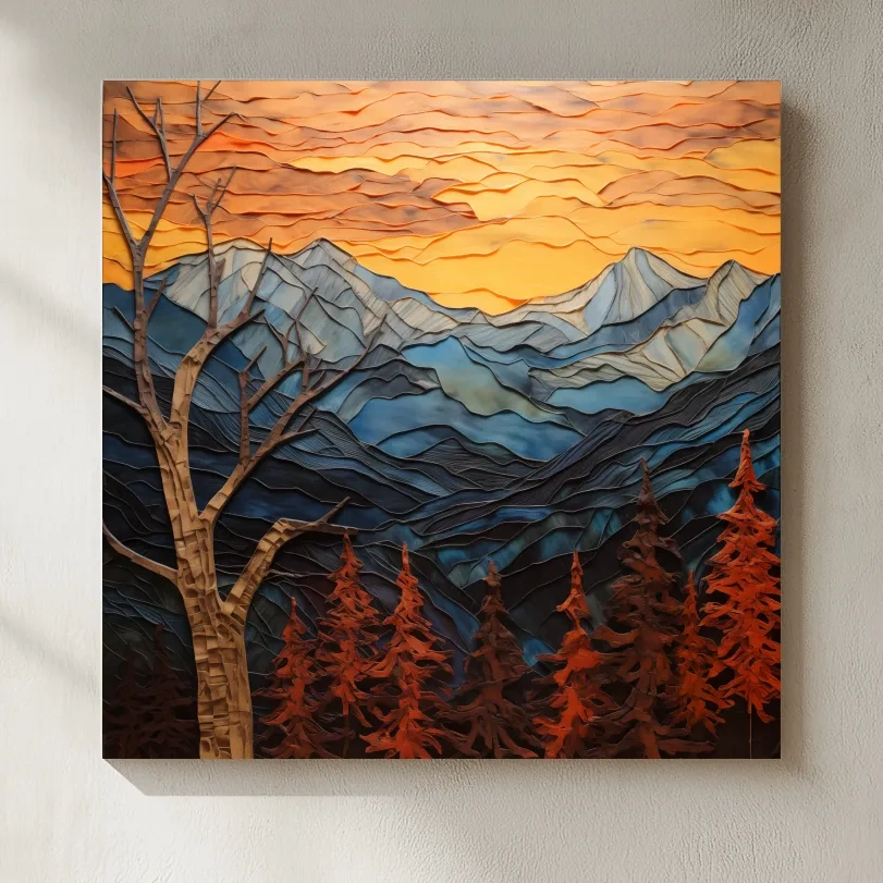 Layered Paper Cut Alpine Mountain Sunset - Mixed Media 3D Landscape Wall Art