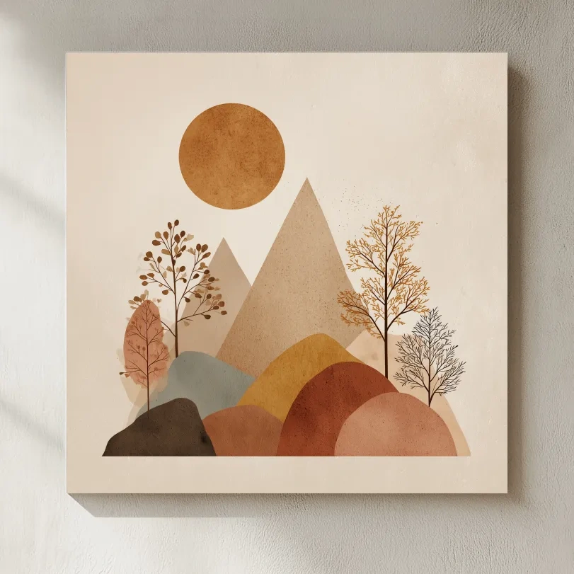 Minimalist Scandi Mountain Sunset Landscape - Boho Neutral Earth Tone Wall Art