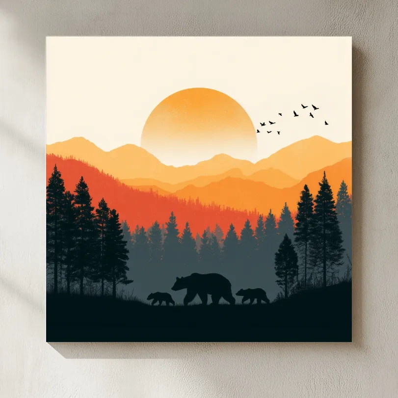 Sunset Mama Bear & Cubs Silhouette - Wildlife Forest Landscape Wall Art