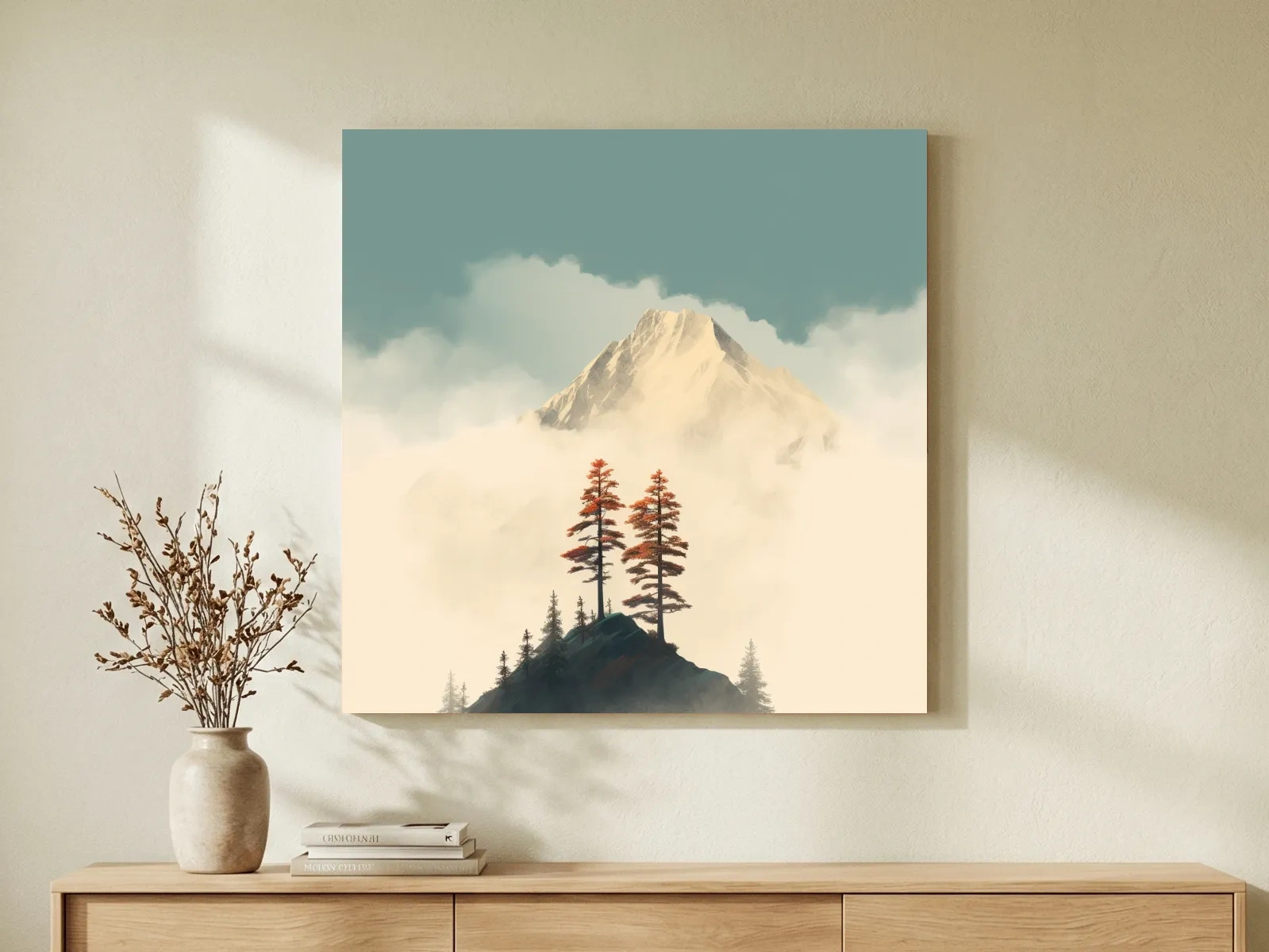 Misty Alpine Peak With Autumn Pines - Minimalist Mountain Artwork