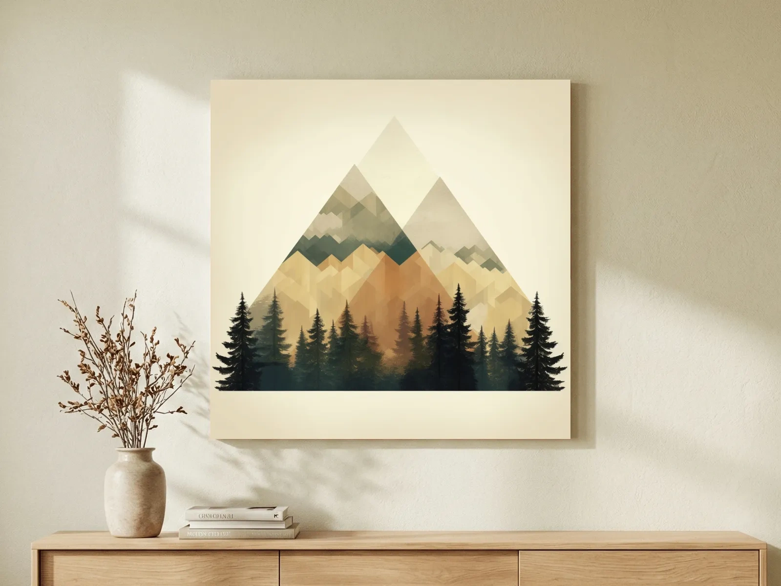 Geometric Mountain Peaks With Pine Forest - Minimalist Scandinavian Alpine Artwork