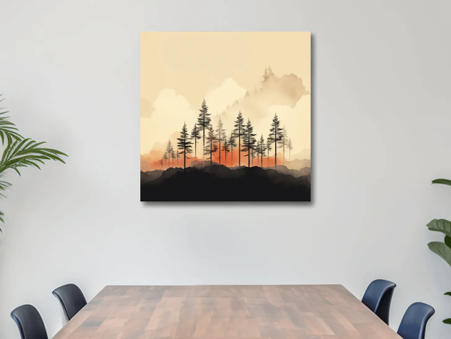 Misty Pine Forest Silhouettes At Sunrise - Minimalist Watercolor Mountain Wall Art