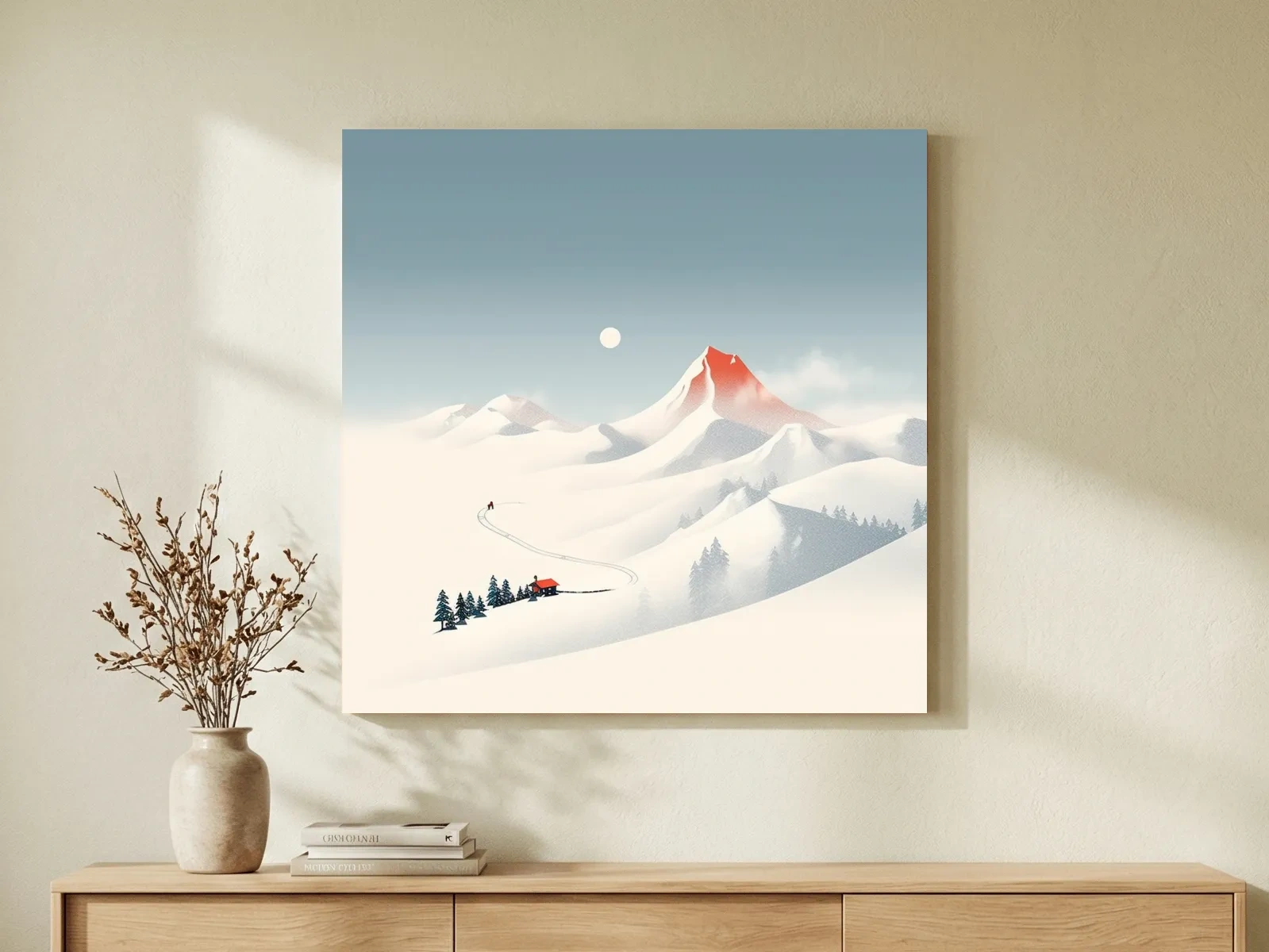 Minimalist Snowy Mountain Cabin Landscape - Nordic Winter Wall Art