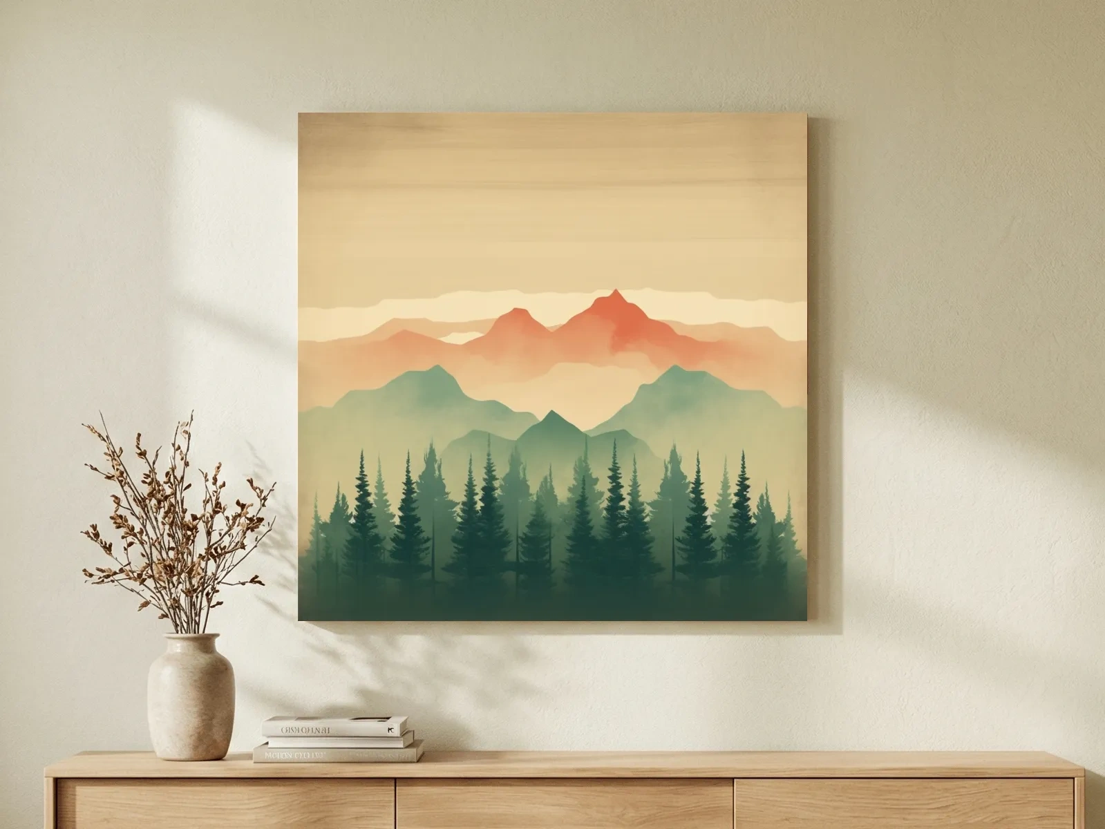 Misty Watercolor Mountain Range Sunrise - Pine Forest Landscape Artwork