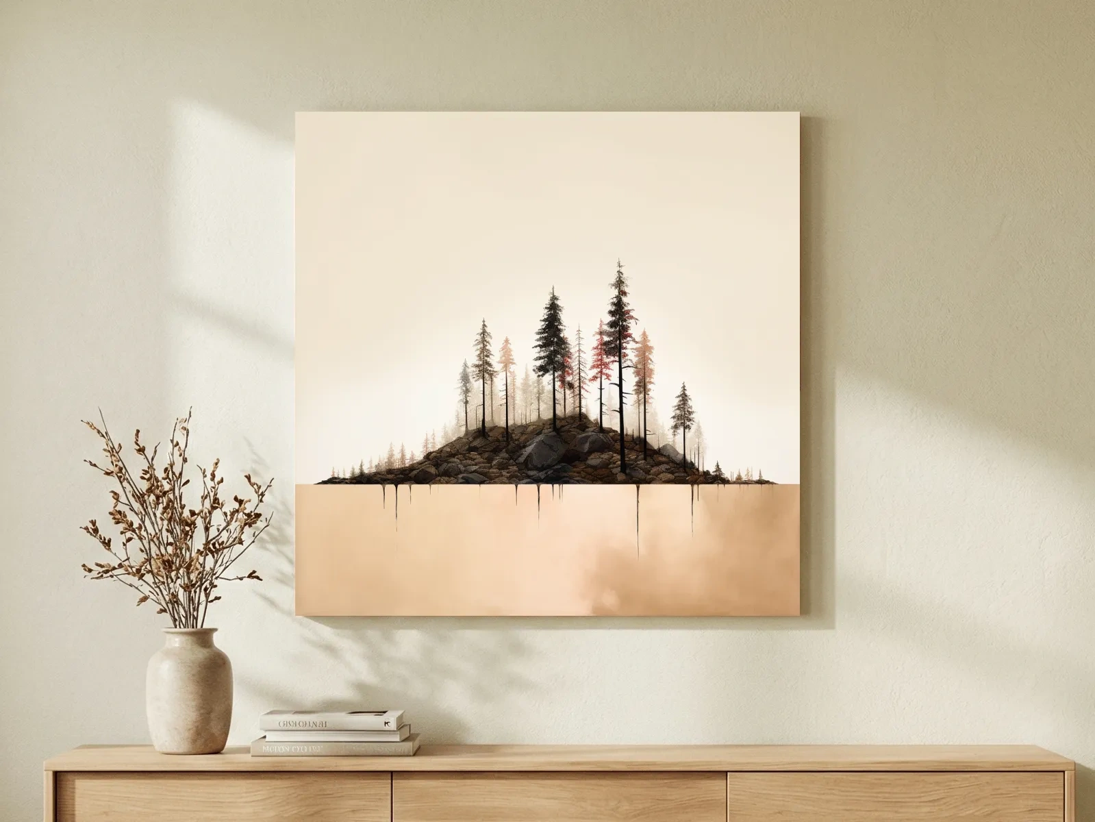 Minimalist Pine Forest Lake Illustration - Scandinavian Landscape Artwork