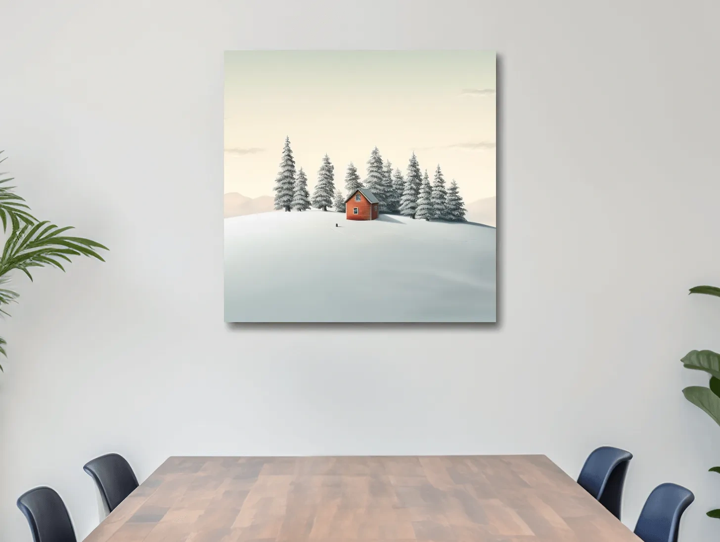 Minimalist Snowy Cabin In Pine Forest - Serene Winter Landscape Wall Art