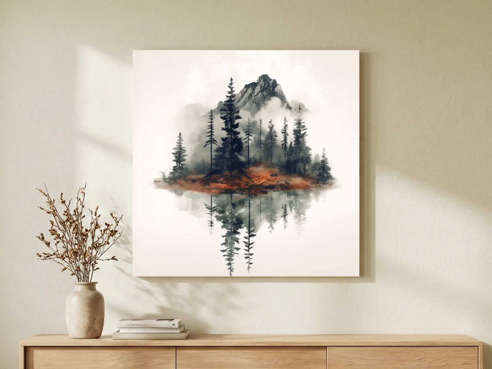Minimalist Mountain Lake Reflection Watercolor - Moody Pine Forest Landscape Wall Art
