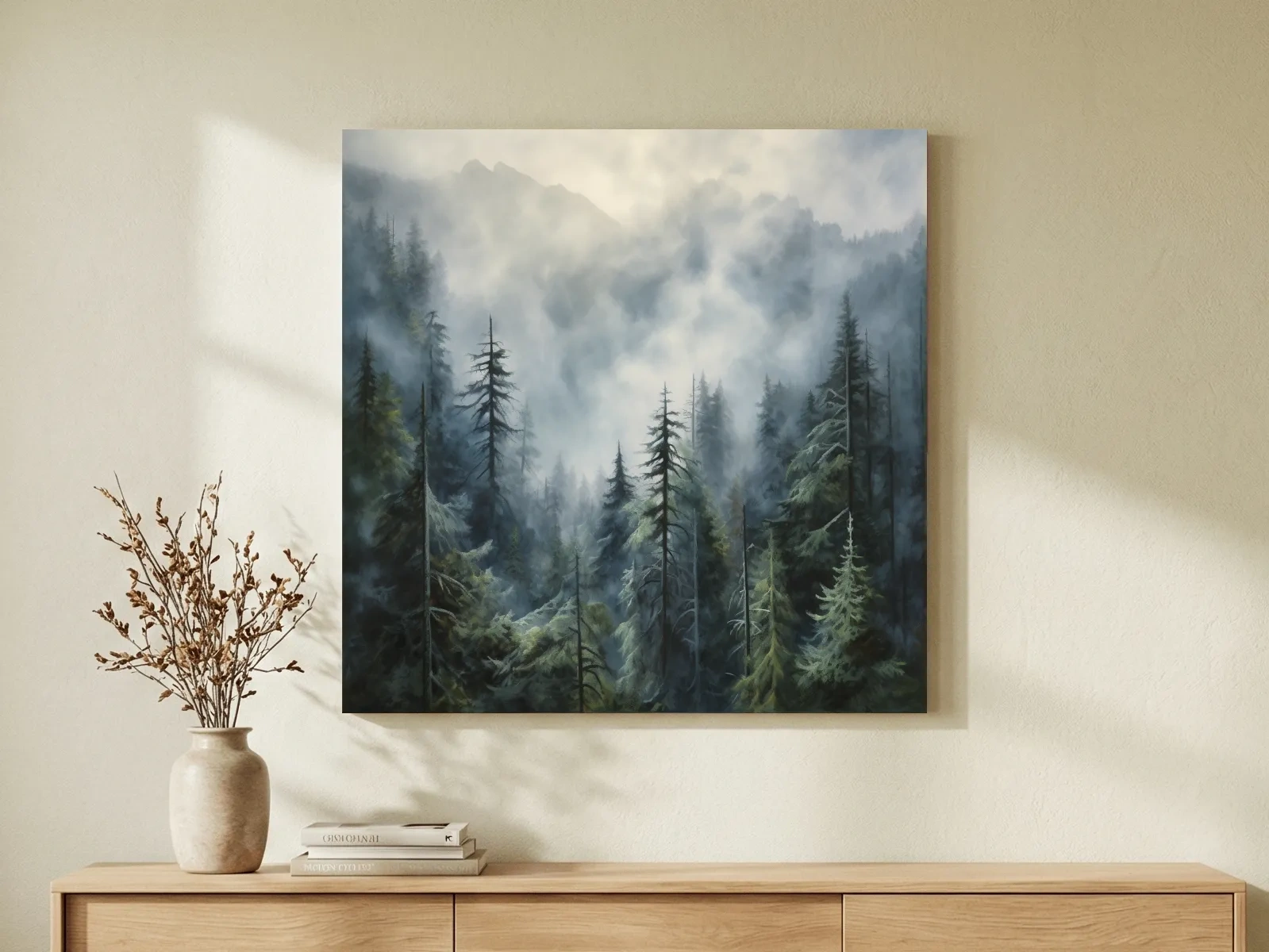Moody Misty Pine Forest Mountains - Atmospheric Landscape Painting Wall Art