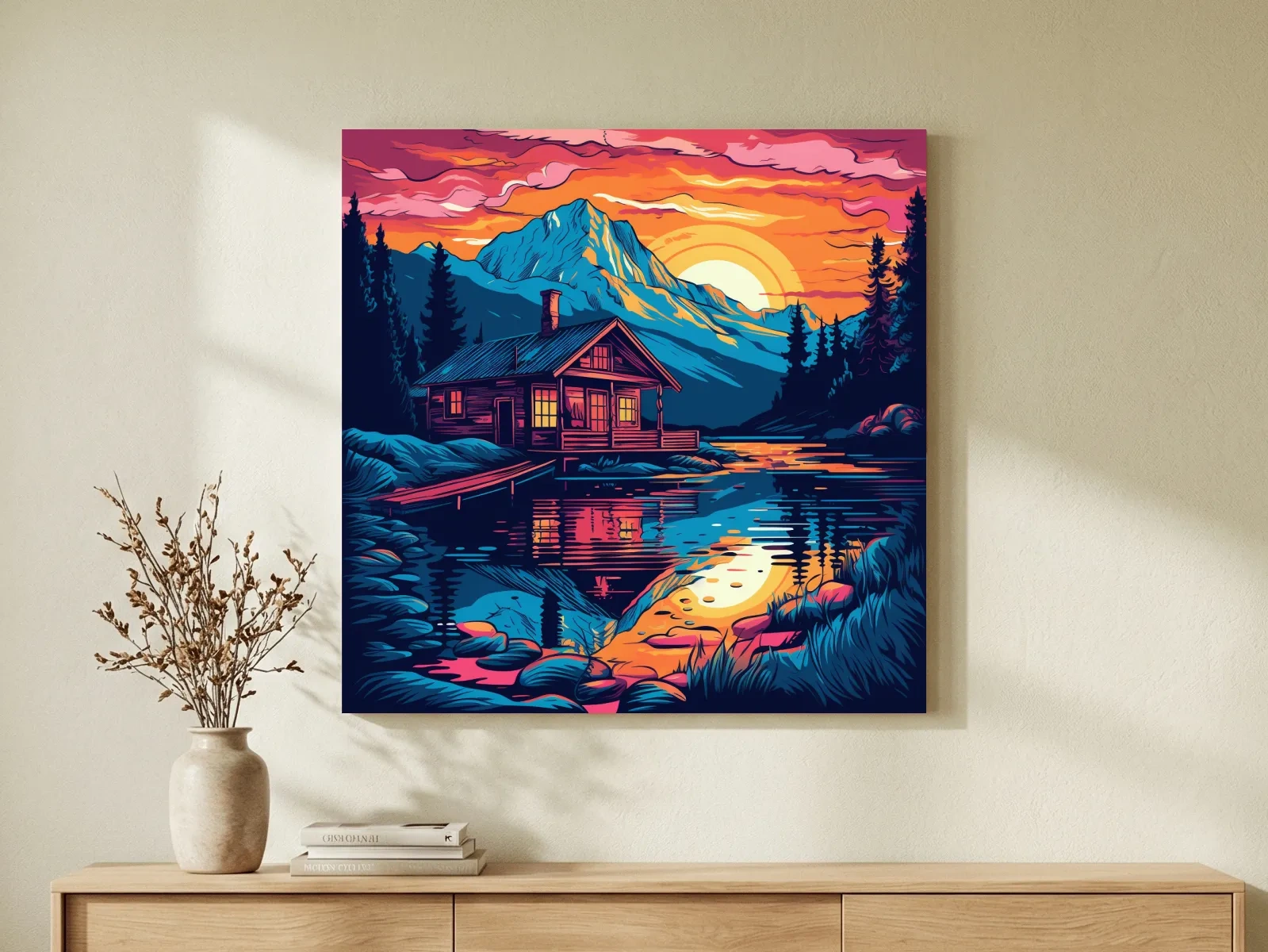 Vibrant Retro Alpine Lake Cabin Sunset - Vector Mountain Wall Art