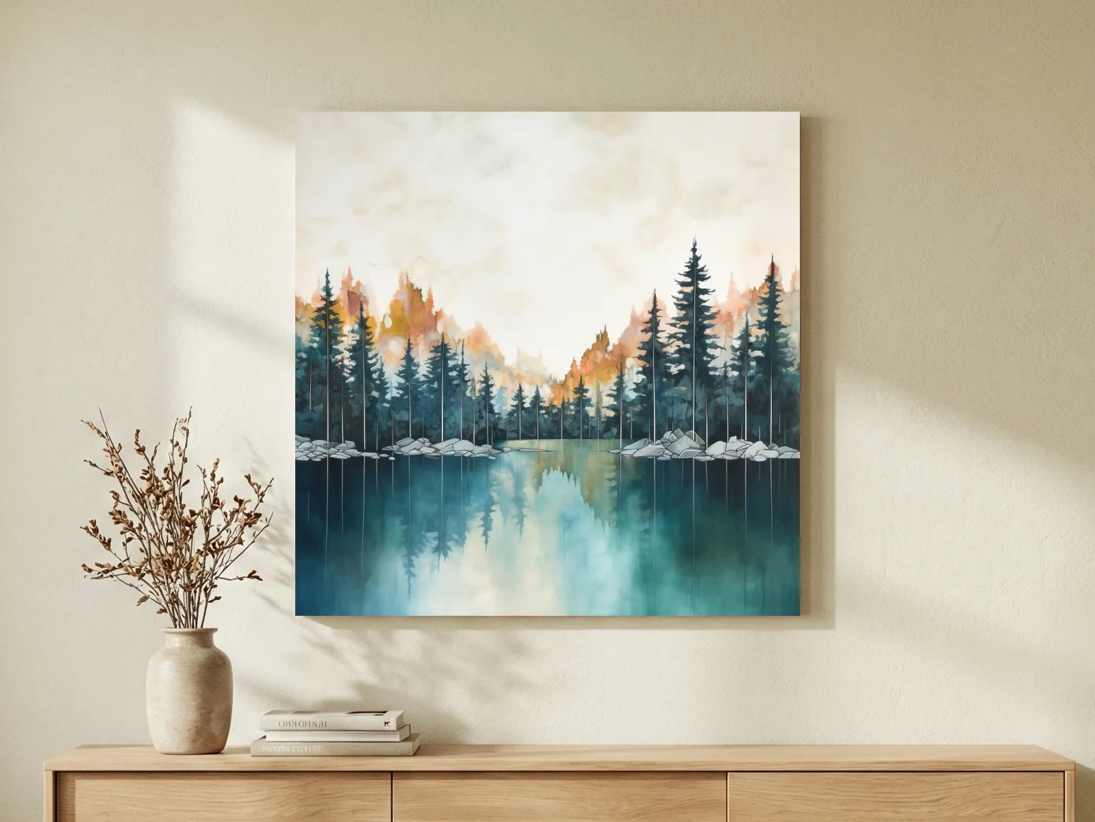 Misty Forest Lake Watercolor Painting - Serene Landscape Wall Art