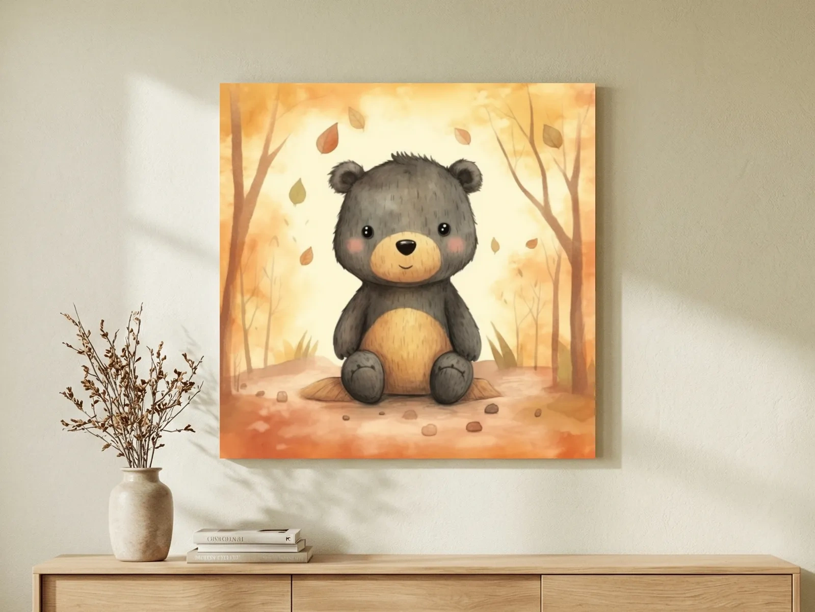 Cute Watercolor Teddy Bear Forest Illustration - Whimsical Nursery Wall Art