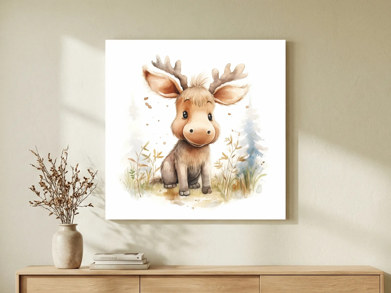 Cute Baby Moose Watercolor Illustration - Woodland Nursery Animal Wall Art