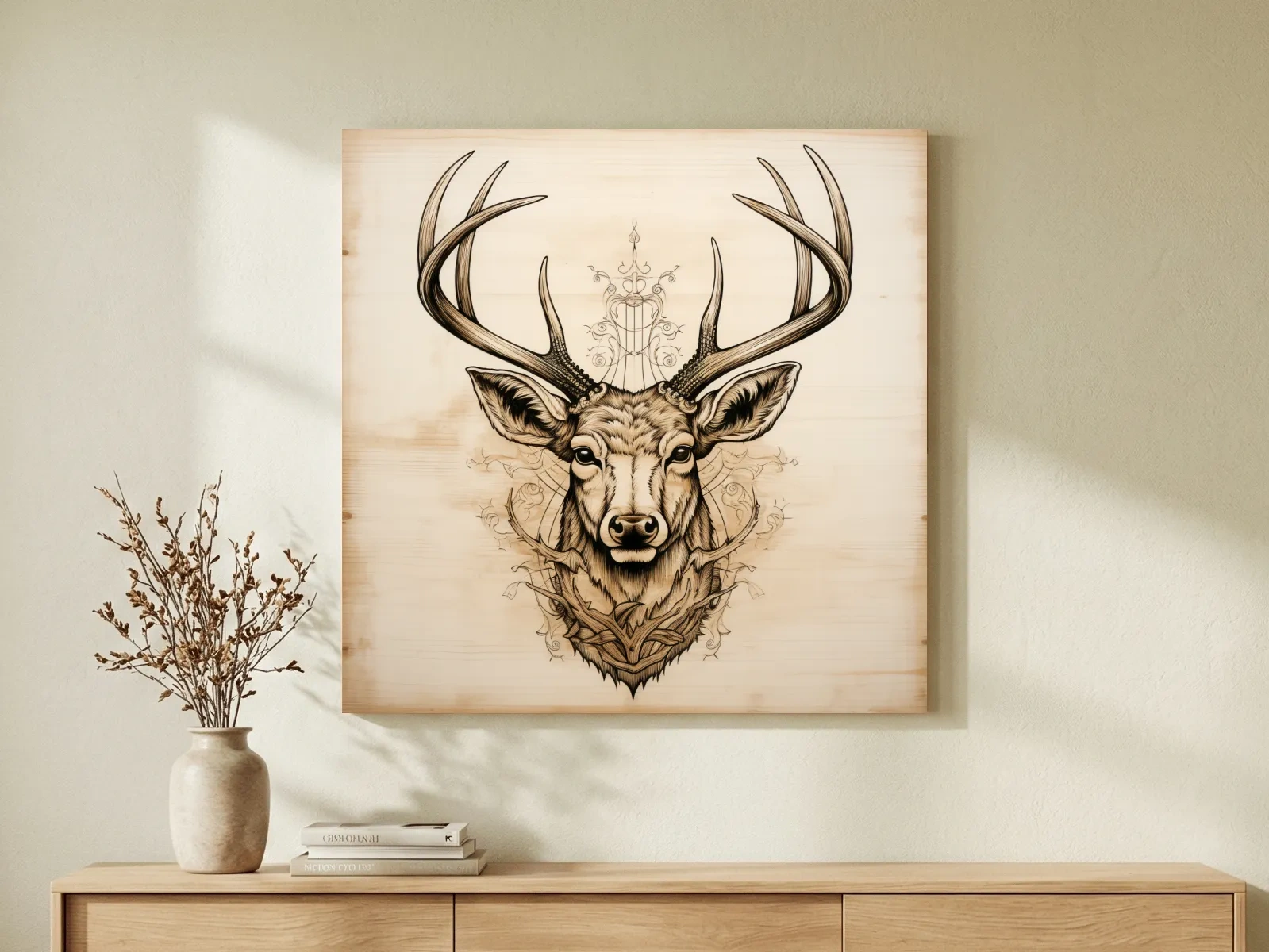 Ornate Deer Head on Wood Sketch Illustration - Rustic Wildlife Wall Art