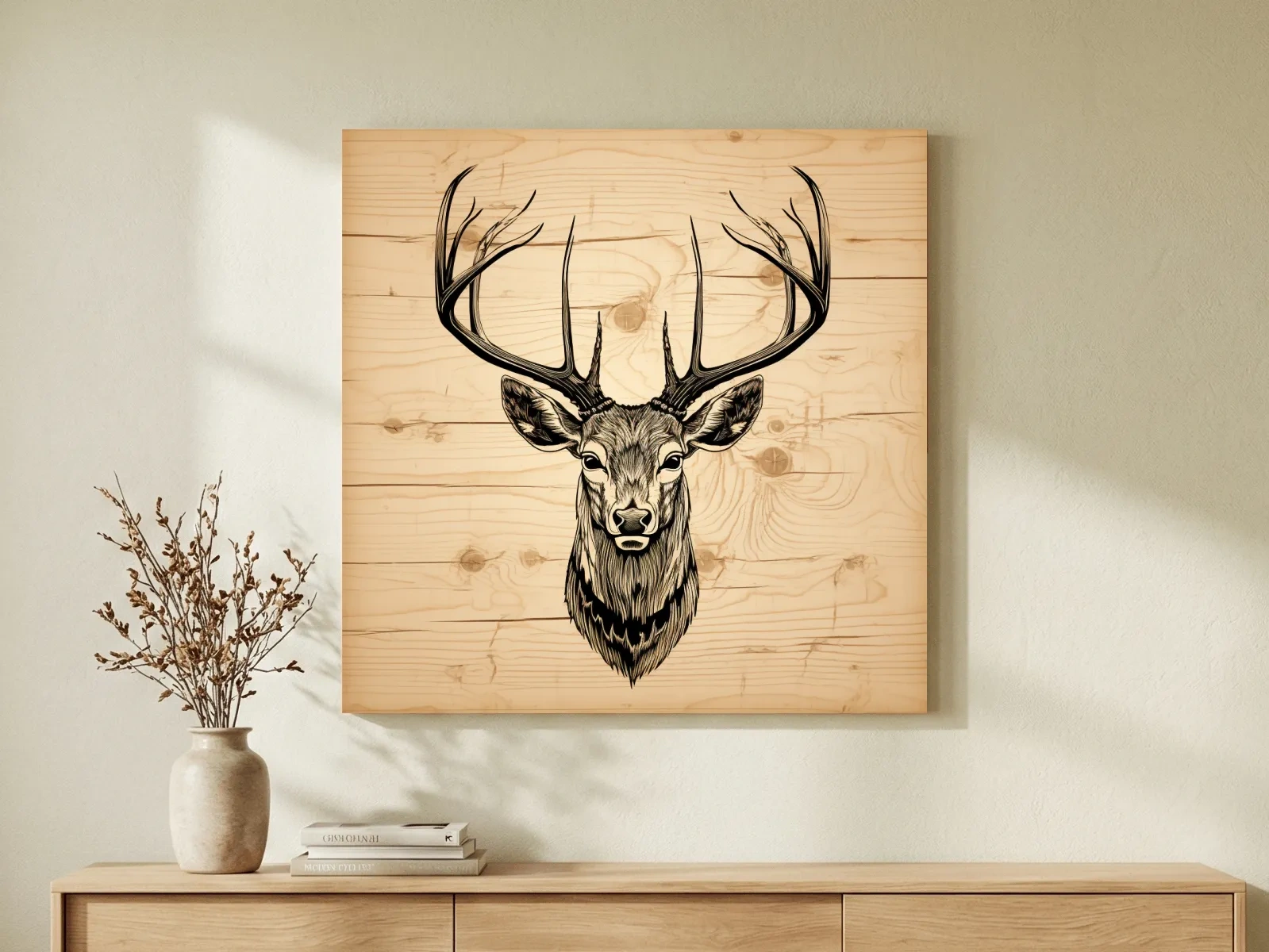 Rustic Engraved Wood Deer Head Illustration - Lodge Wildlife Wall Art