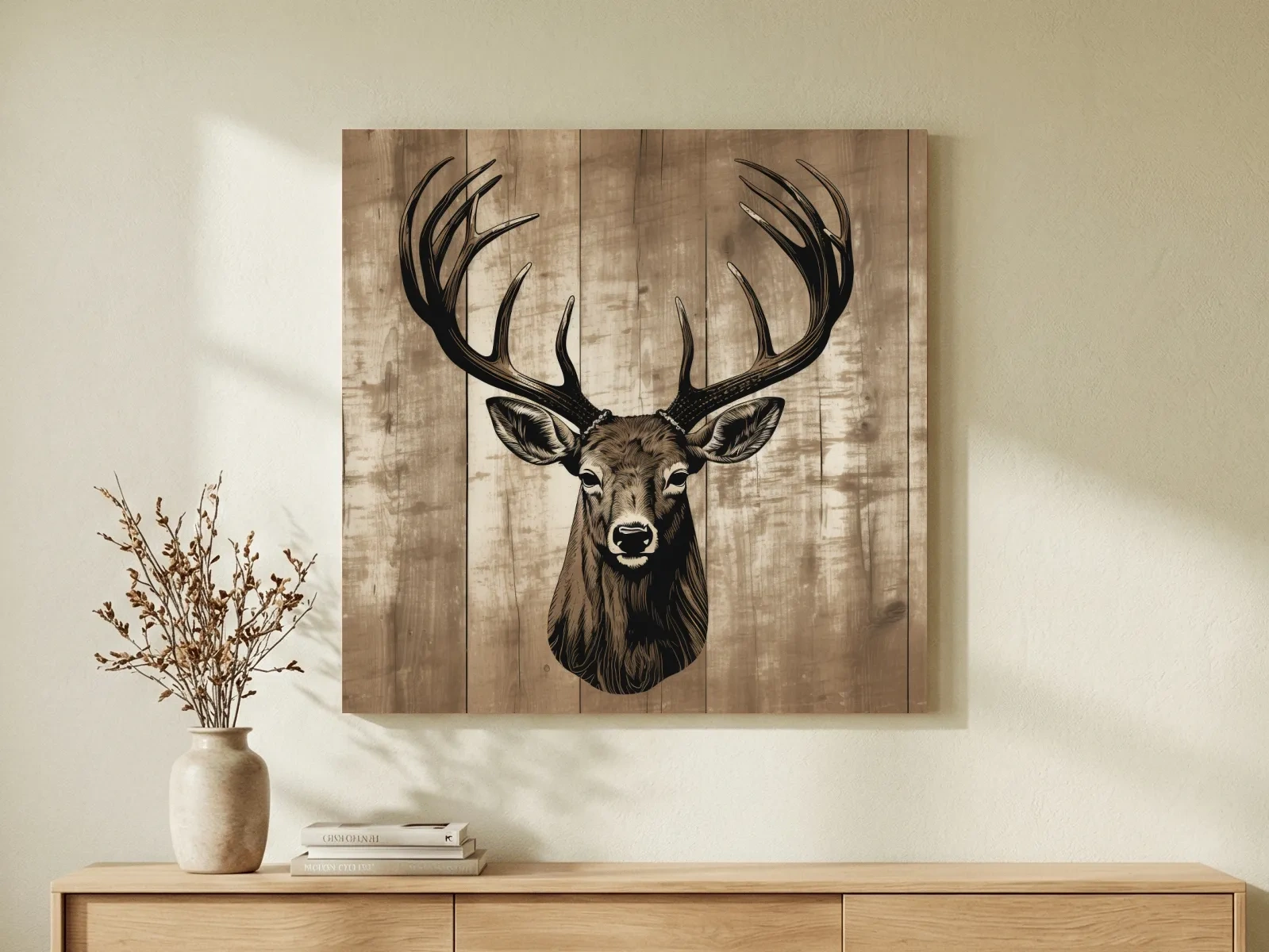Rustic Stag Head Illustration - Vintage Cabin Lodge Wildlife Wall Art