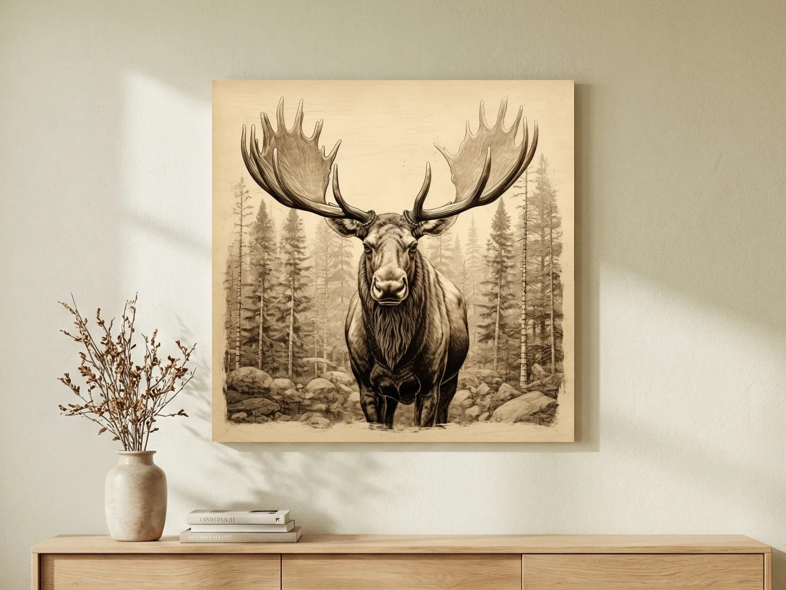 Majestic Moose Portrait Sketch - Vintage Sepia Wildlife Wall Art
