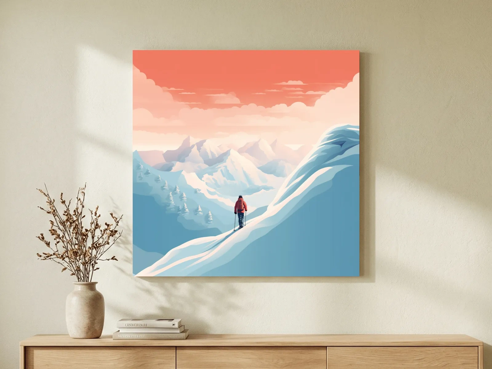 Minimalist Backcountry Skier Illustration - Pastel Alpine Landscape Wall Art