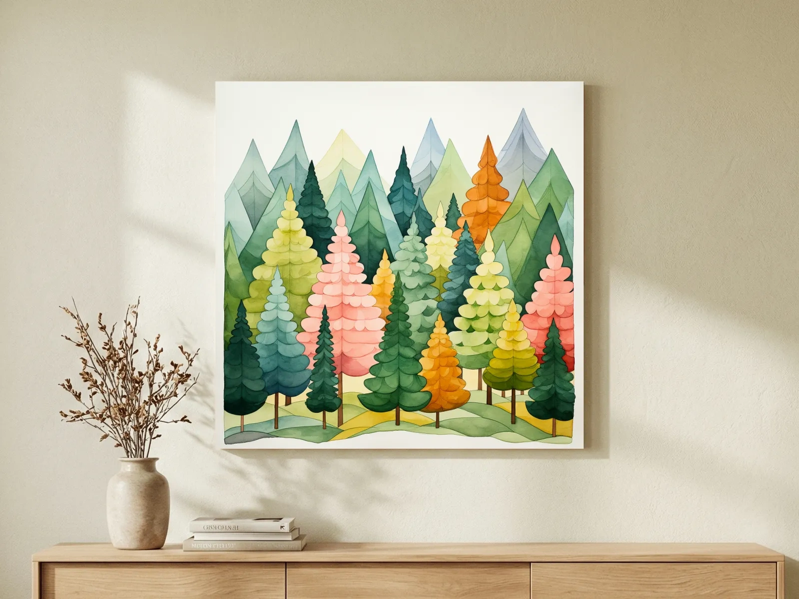 Whimsical Watercolor Pine Forest Mountains - Pastel Nursery Childrens Wall Art