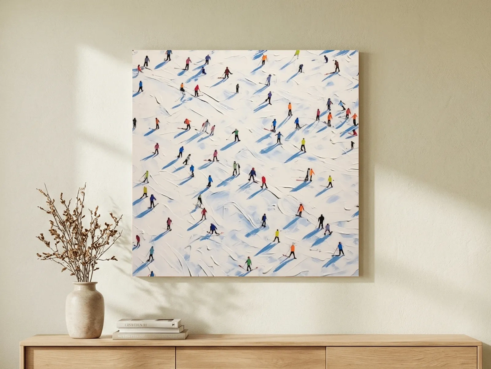 Tiny Skiers On Snowy Slopes - Modern Winter Sports Painting Wall Art