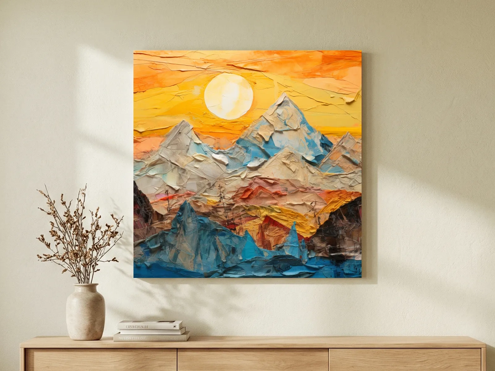 Collage Mountain Sunrise Painting - Warm Abstract Landscape Wall Art