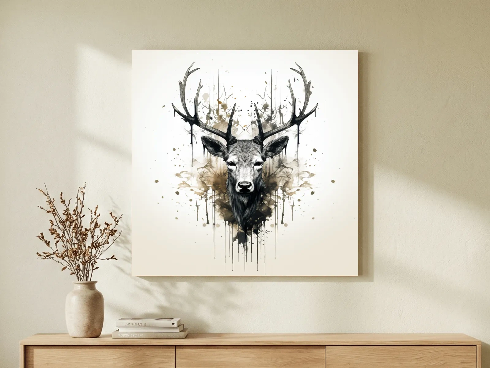 Watercolor Stag Portrait Rorschach Ink Splatter - Rustic Wildlife Artwork
