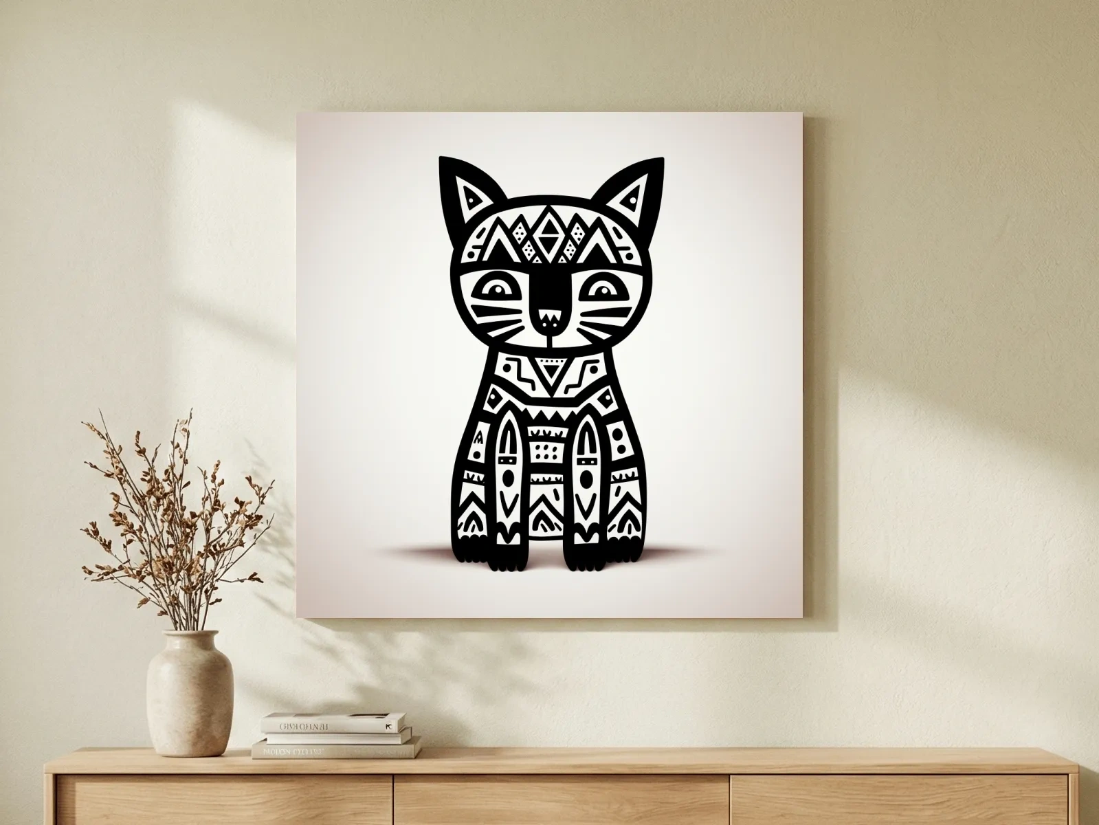 Tribal Geometric Cat Illustration - Black And White Quirky Animal Wall Art