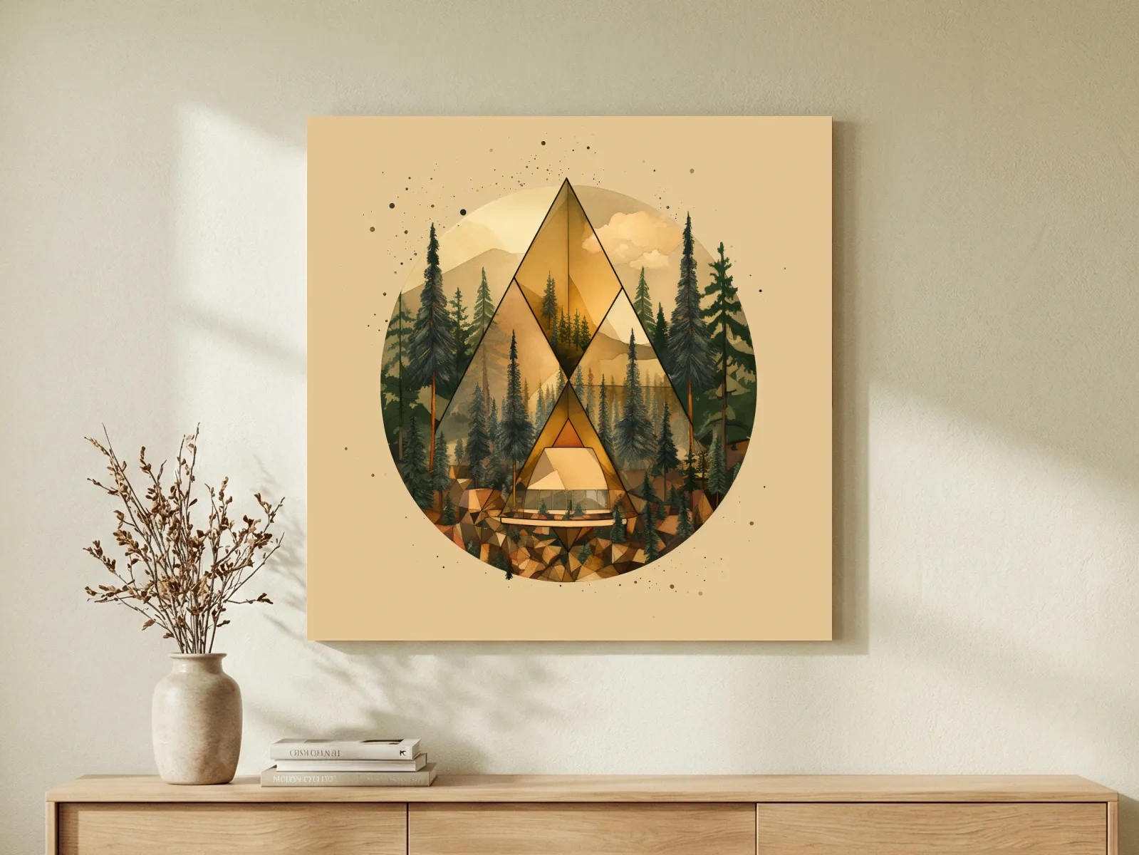 Geometric Mountain Cabin Forest Landscape - Modern Abstract Nature Wall Art
