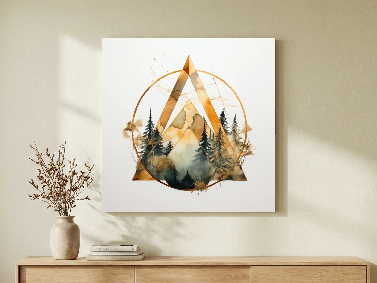 Geometric Watercolor Mountain Pine Forest - Modern Minimalist Nature Wall Art