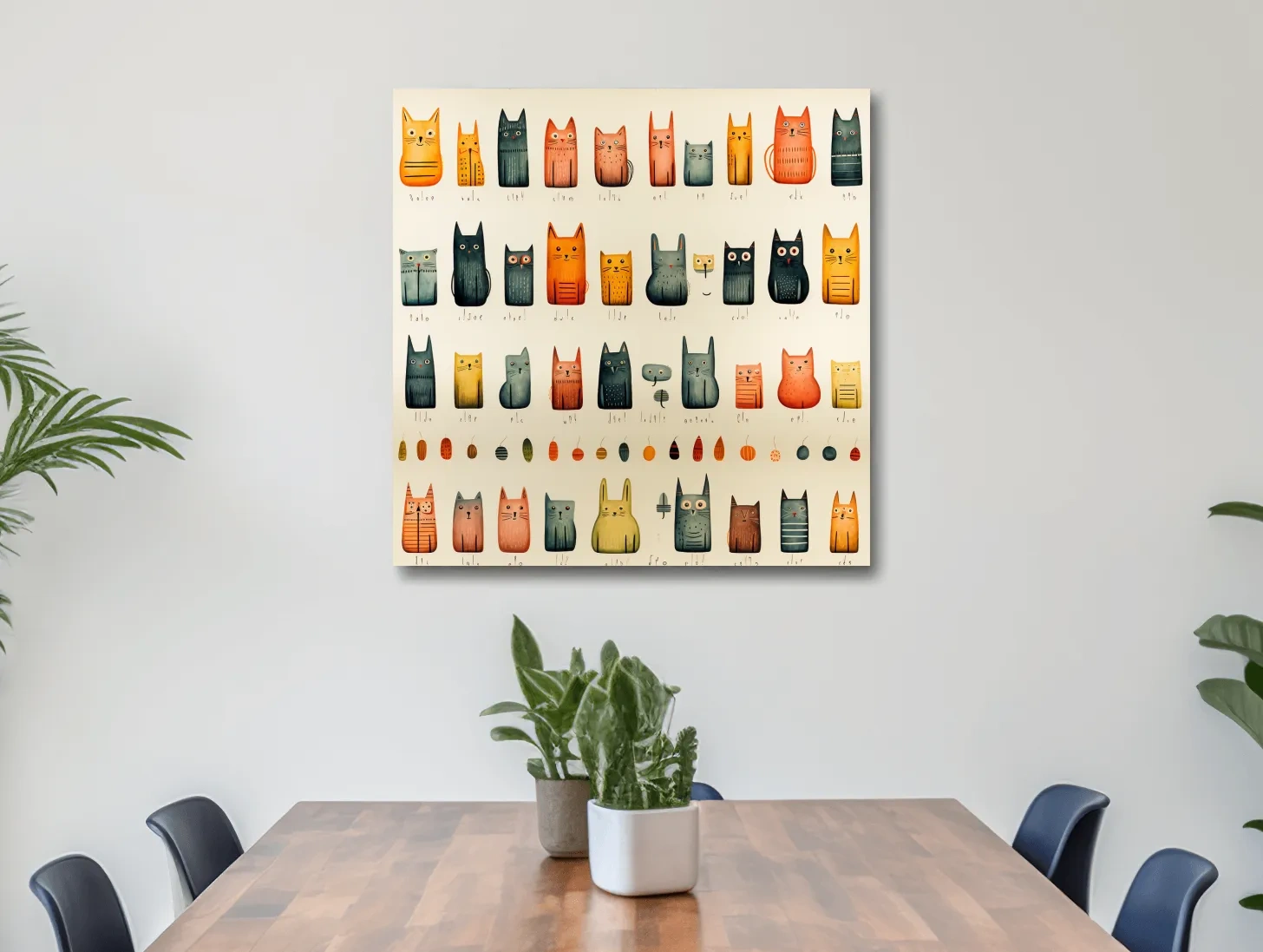 Whimsical Mid Century Cat Pattern Illustration - Colorful Nursery Wall Art