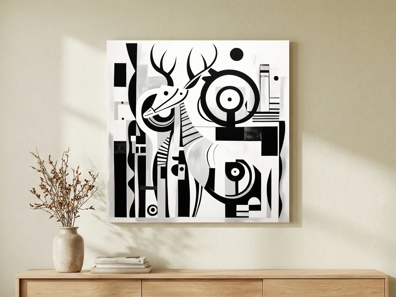 Abstract Geometric Deer Artwork - Mid-Century Black And White Animal Wall Art