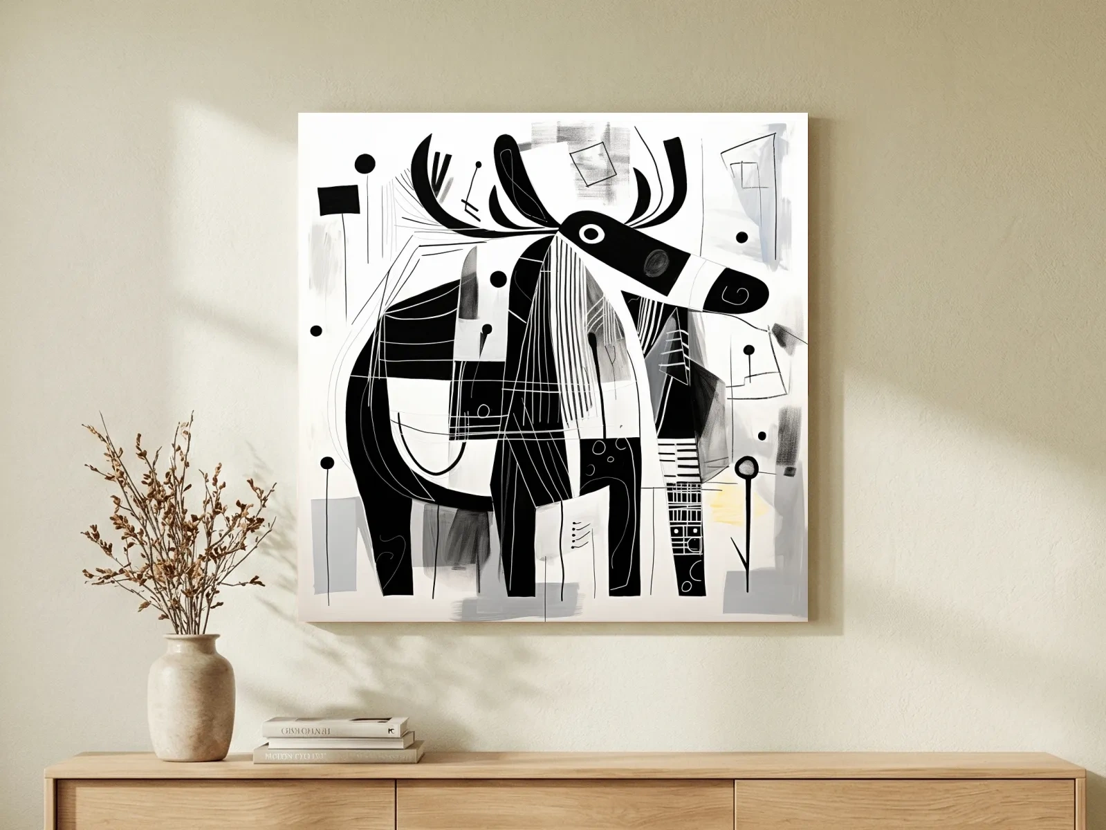 Abstract Monochrome Moose Illustration - Modern Geometric Wildlife Wall Art