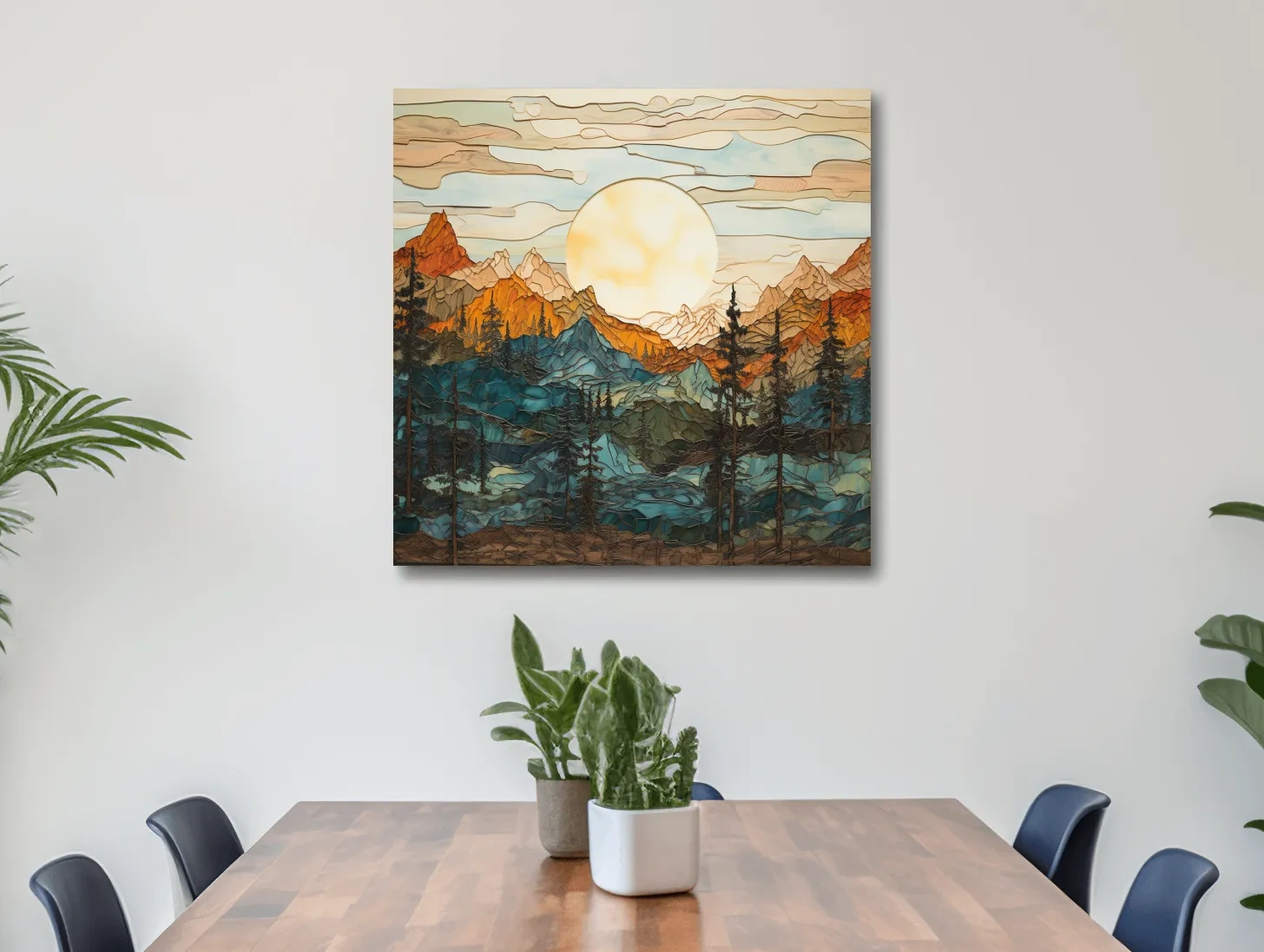 Stained Glass Mountain Sunset Landscape - Colorful Mosaic Forest Wall Art