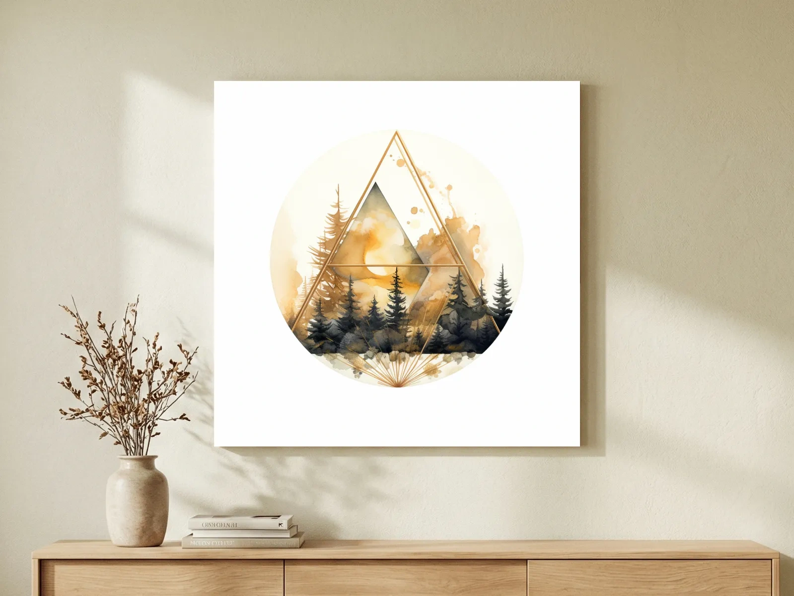 Elegent Geometric Watercolor Mountain Forest - Modern Rustic Landscape Wall Art