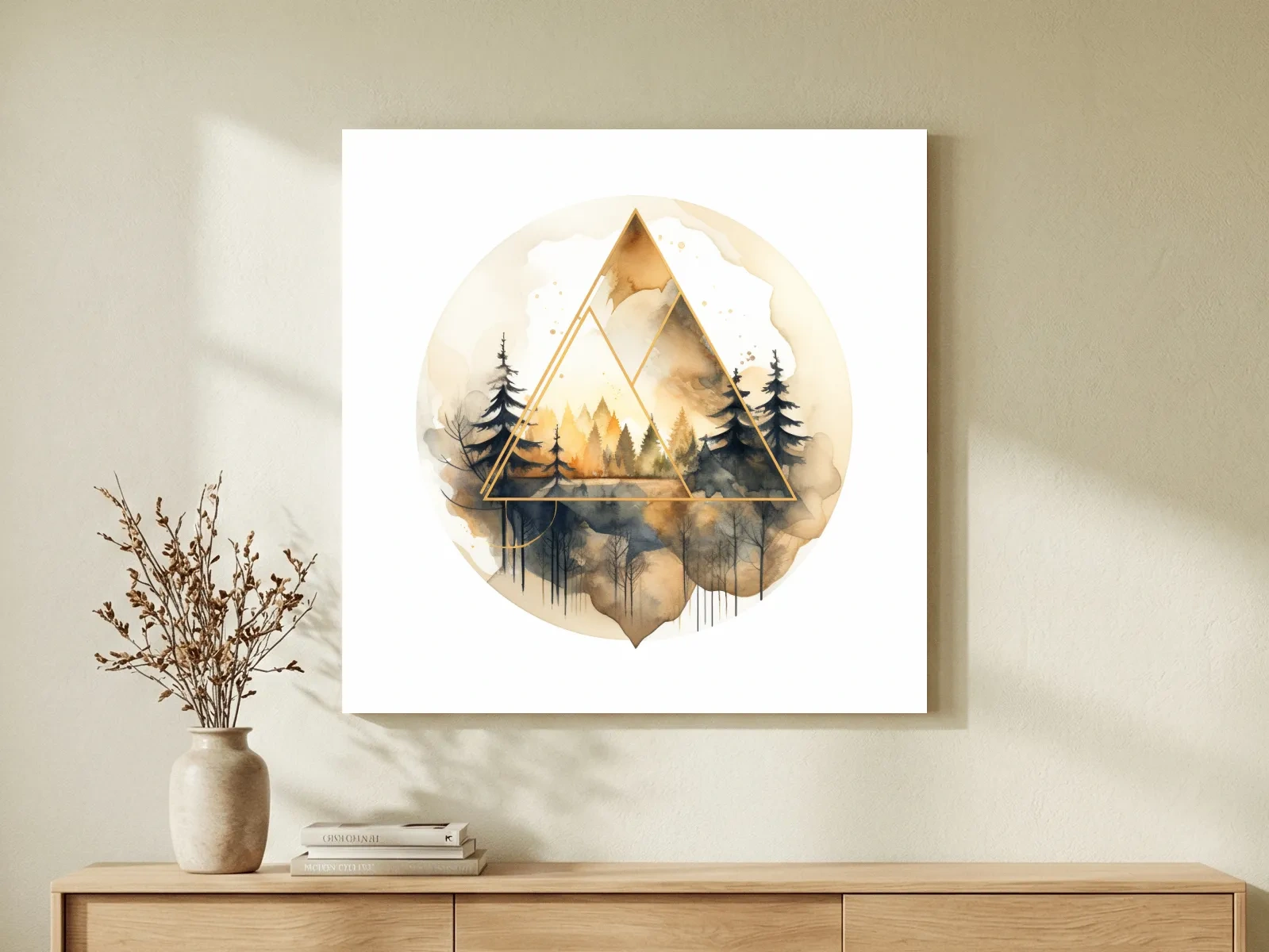 Geometric Watercolor Mountain Forest Landscape - Modern Rustic Nature Wall Art