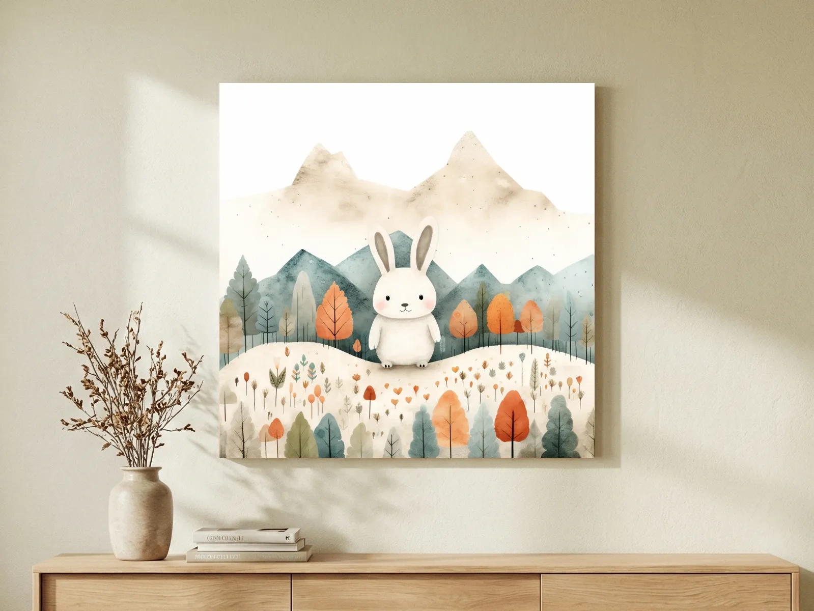 Cute Watercolor Bunny In Mountain Forest - Whimsical Nursery Woodland Wall Art
