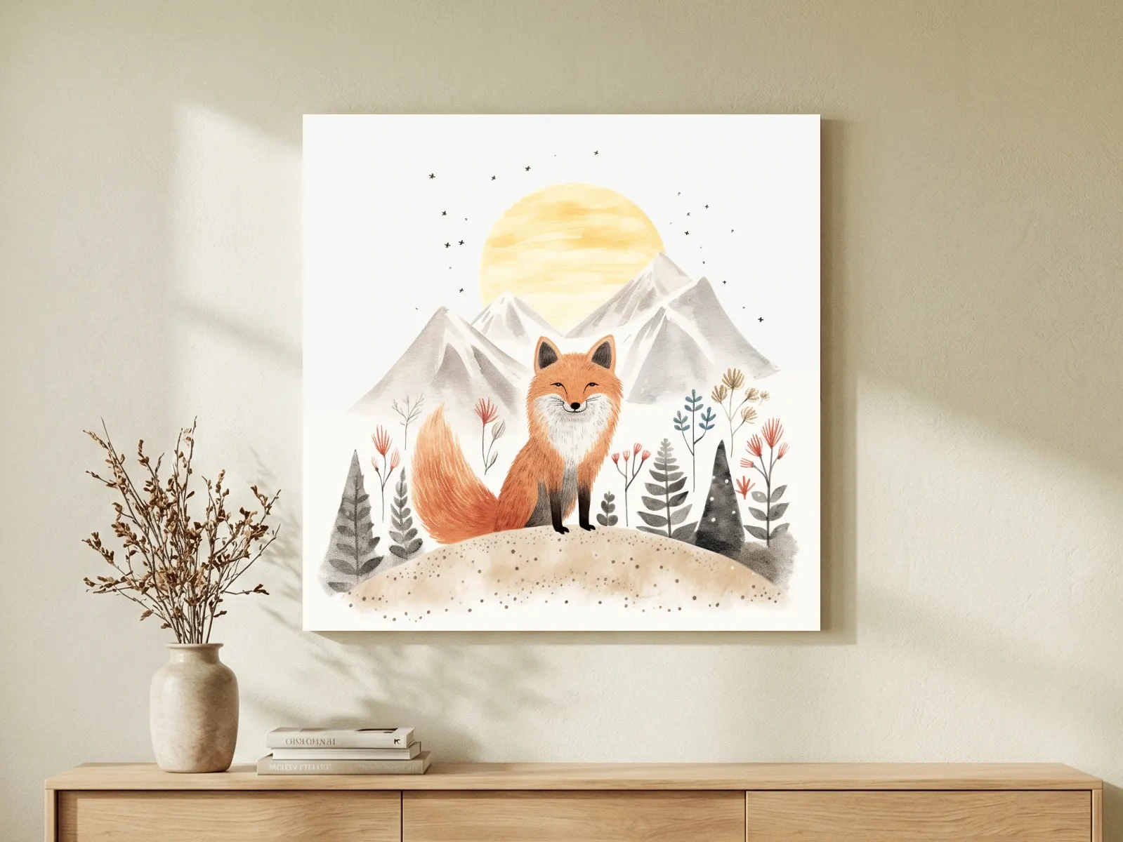 Whimsical Watercolor Fox Mountain Sunrise - Nursery Woodland Animal Wall Art