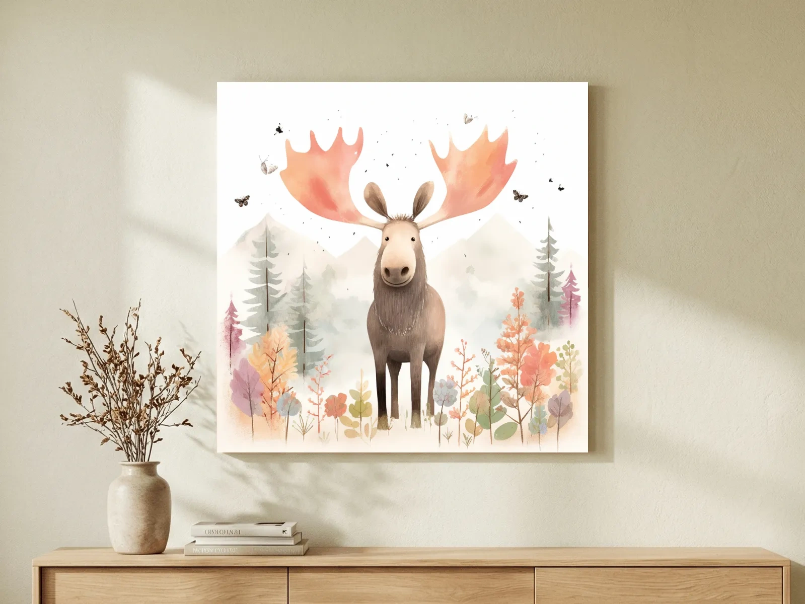 Whimsical Watercolor Moose In Pastel Forest - Storybook Nursery Animal Wall Art