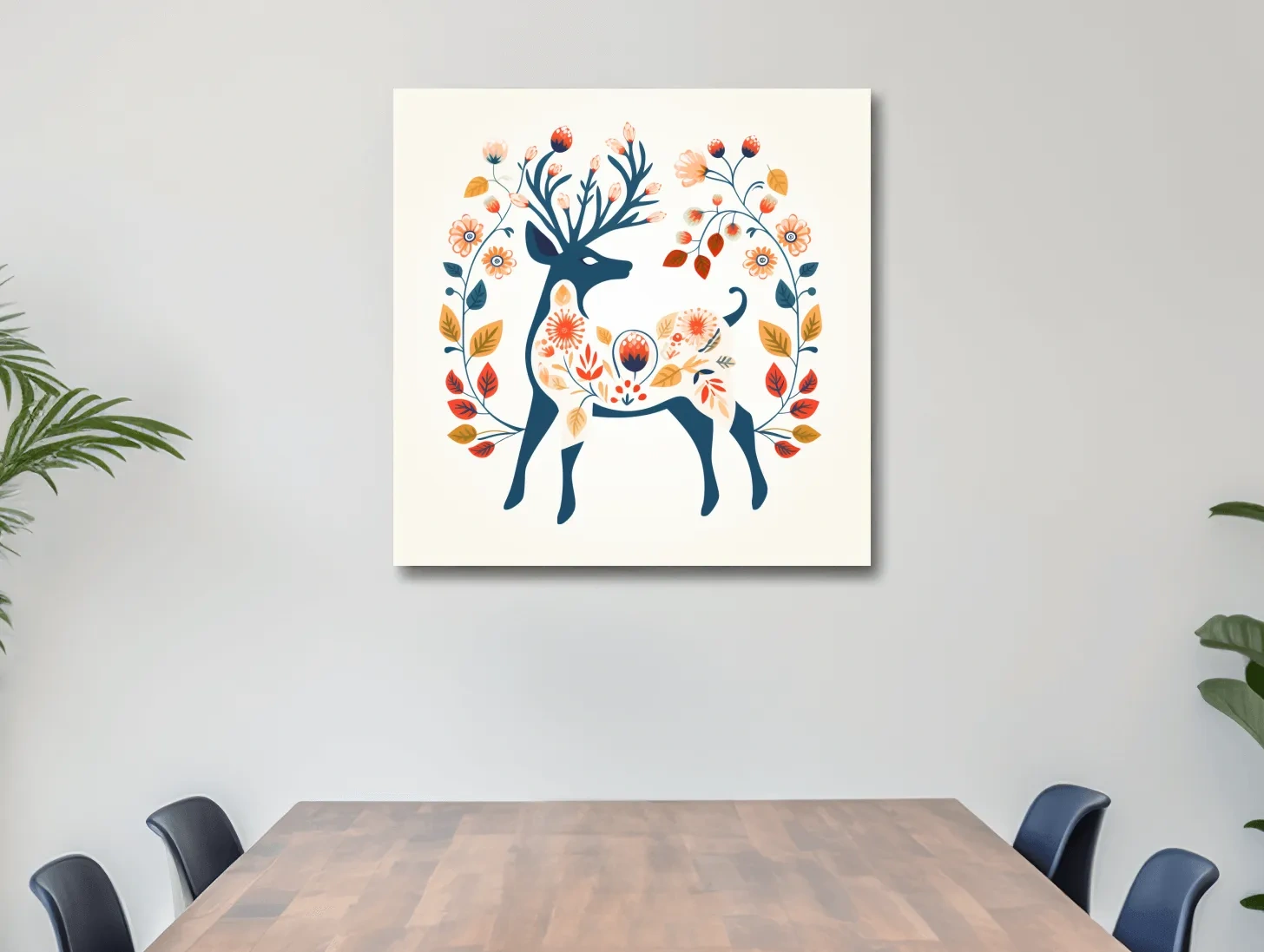 Folk Art Floral Deer Silhouette - Scandinavian Woodland Wall Art