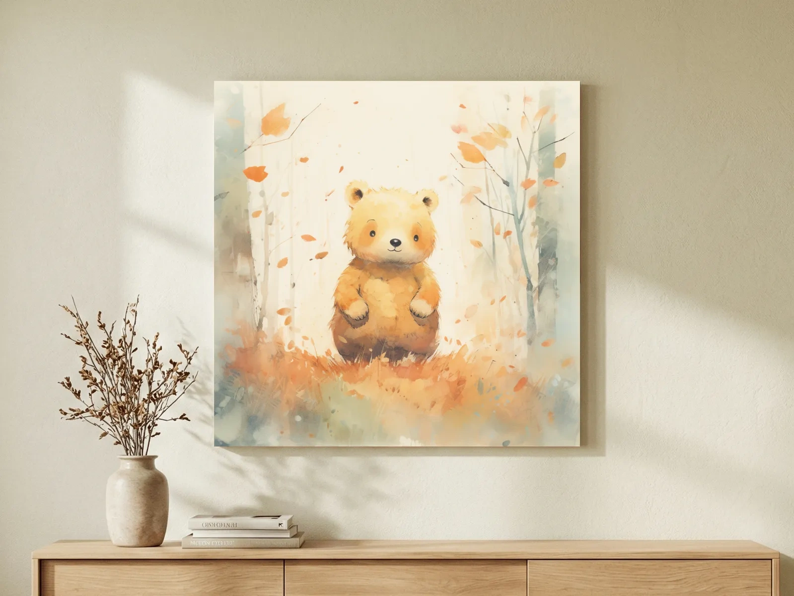Cute Watercolor Bear Cub In Autumn Forest - Whimsical Nursery Animal Wall Art