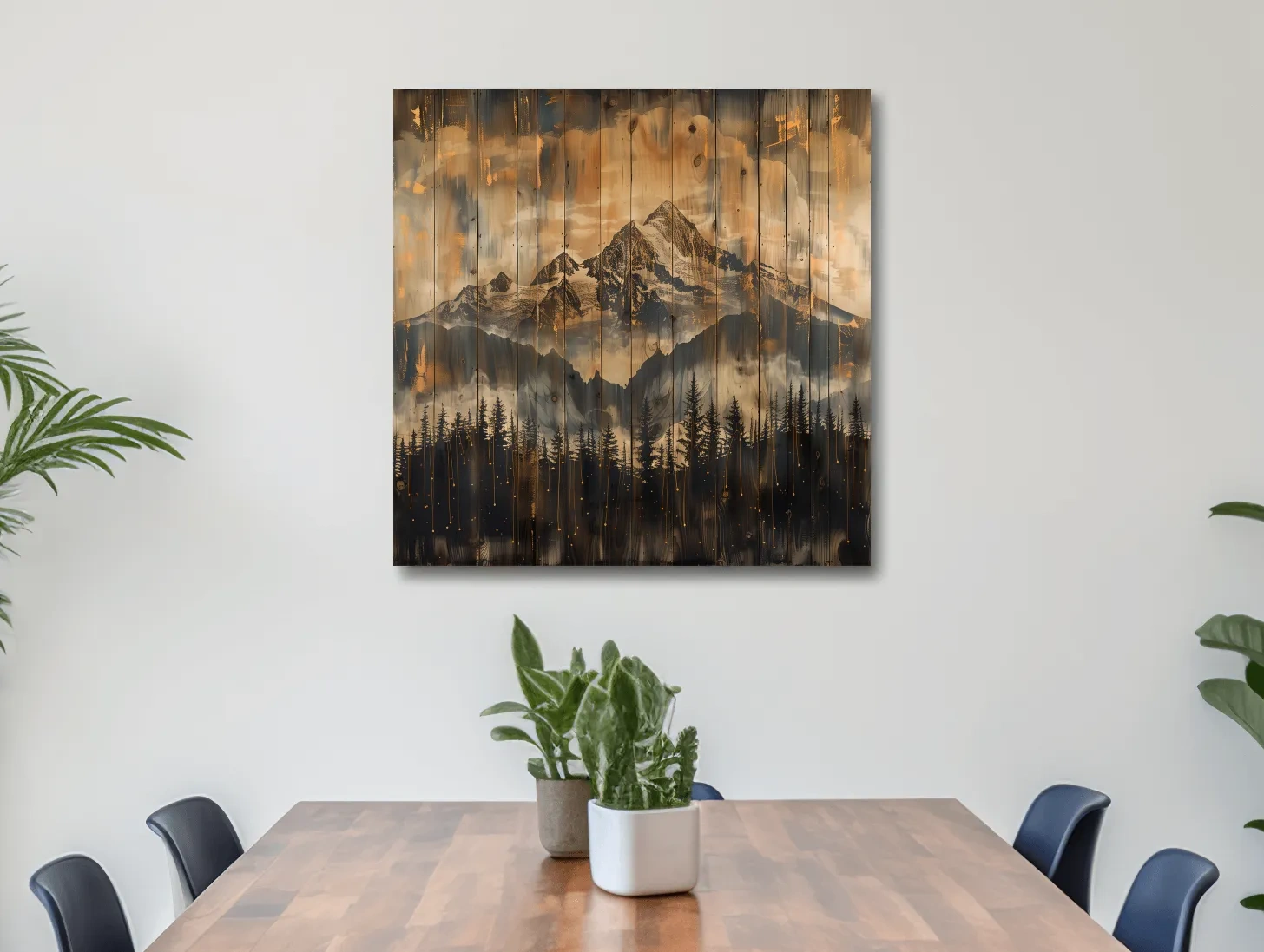 Rustic Mountain Range Over Pine Forest - Vintage Wood Panel Style Landscape Artwork