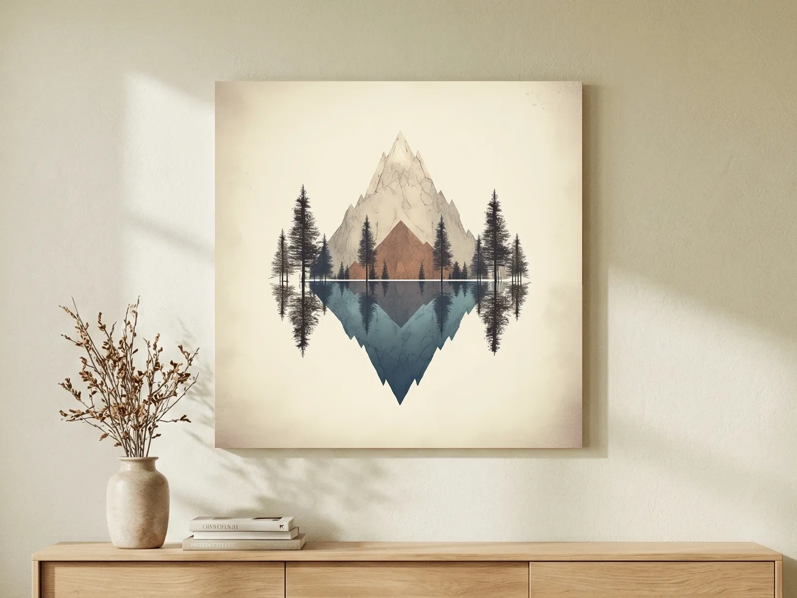 Minimalist Geometric Mountain Lake Reflection - Pine Forest Landscape Wall Art