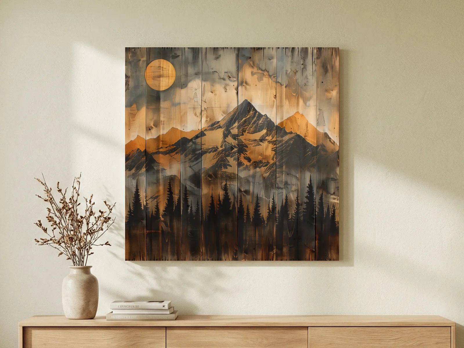 Rustic Woodgrain Mountain Sunset Artwork - Vintage Pine Forest Wall Art