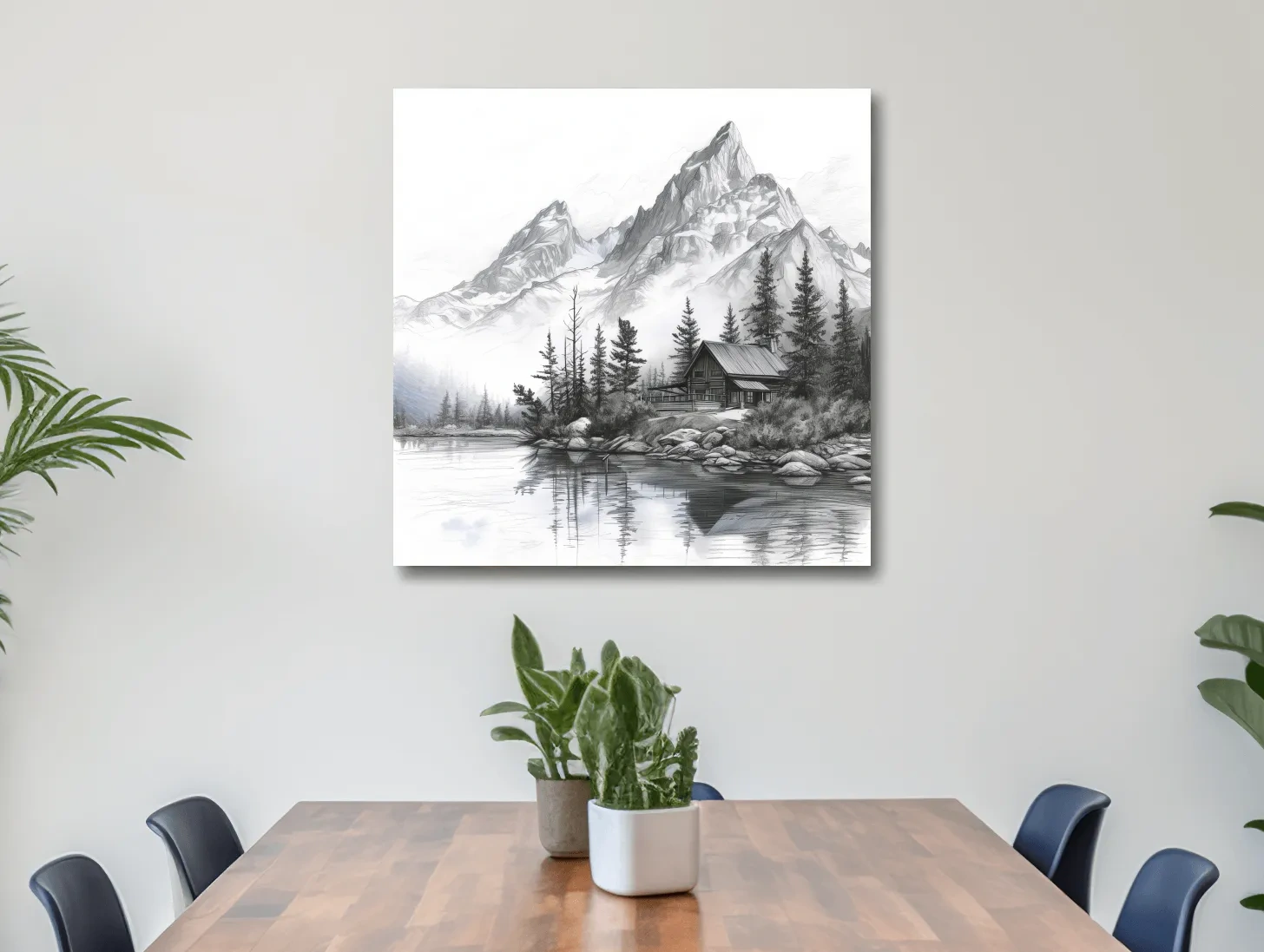 Monochrome Mountain Lake Cabin Sketch - Rustic Alpine Glacier Wall Art