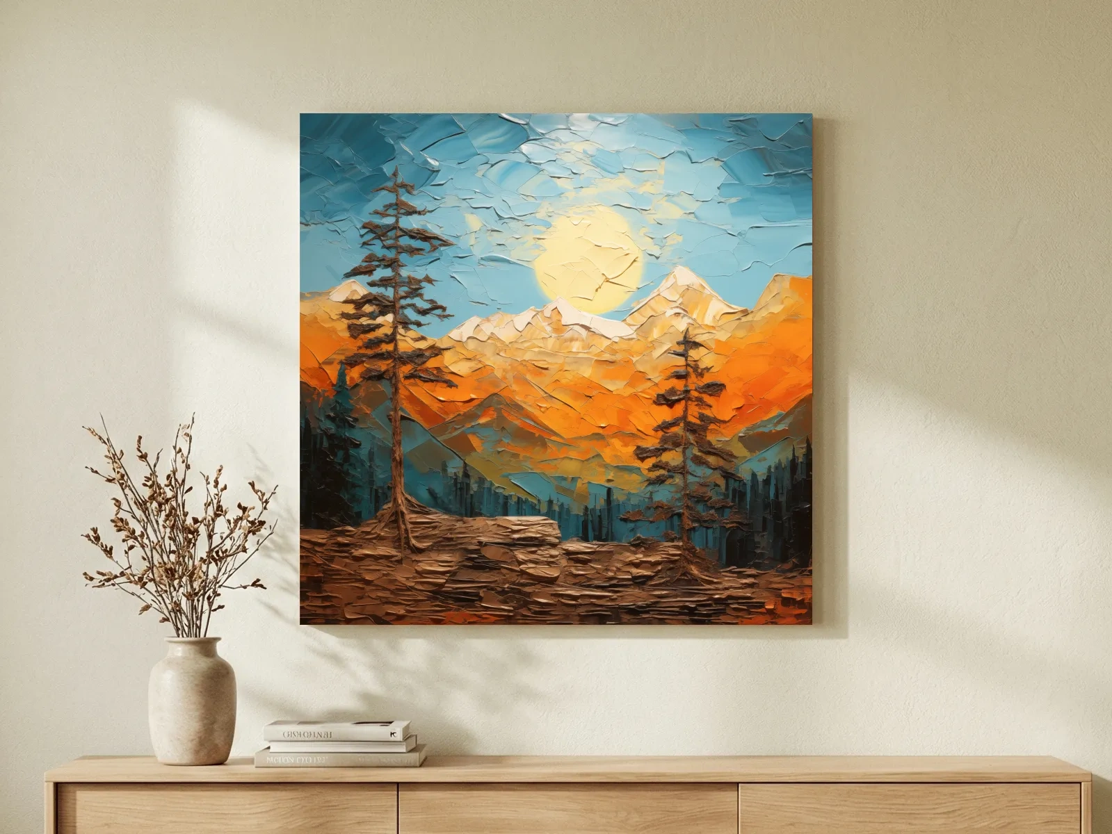 Impasto Style Mountain Sunrise Landscape - Bold Alpine Wall Art
