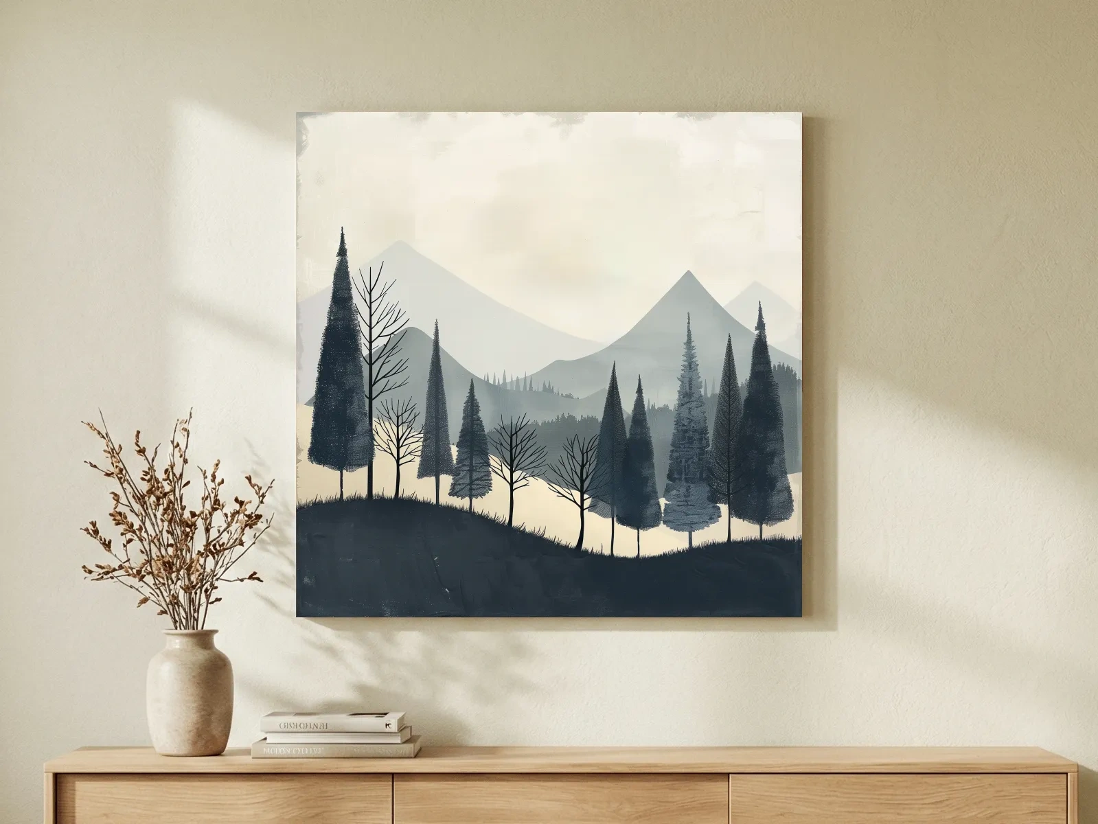 Minimalist Nordic Mountain Forest Landscape - Serene Scandinavian Nature Wall Art